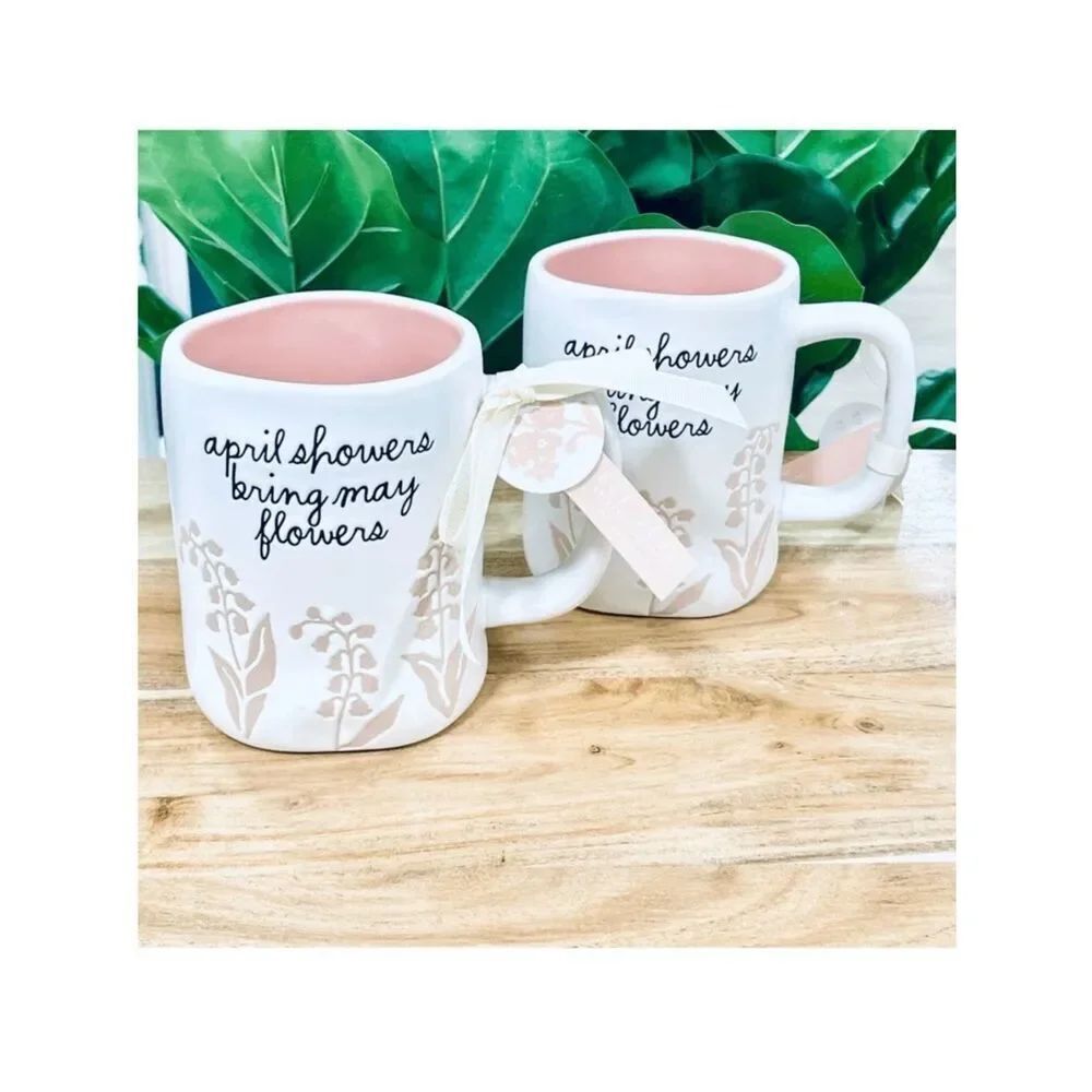 NWT 2 Set Rae Dunn Gorgeous White off Tan April Showers Bring May Flowers Mugs